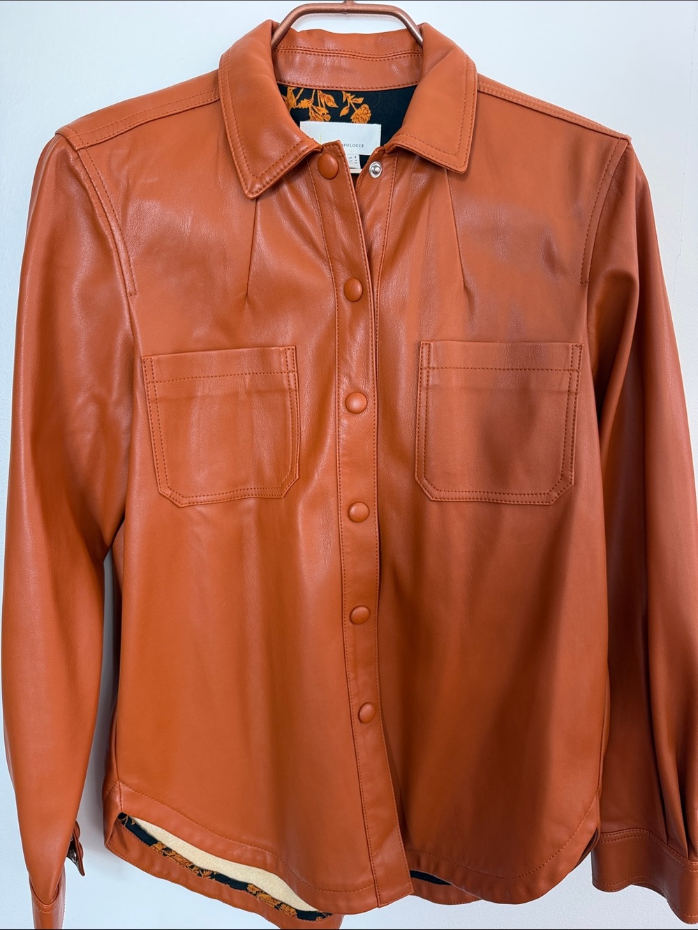 Anthropologie Rust Orange Faux Leather Jacket with Floral Lining